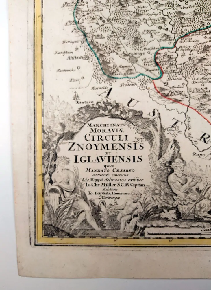 Znojemský a Jihlavský kraj – Johann Baptist Homann, staře kolorovaný původní mědiryt, 1720