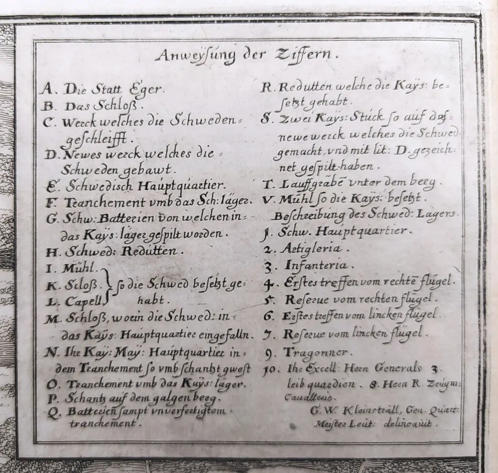 Cheb – rozmístění císařských a švédských vojsk, M. Merian, původní mědiryt, 1650