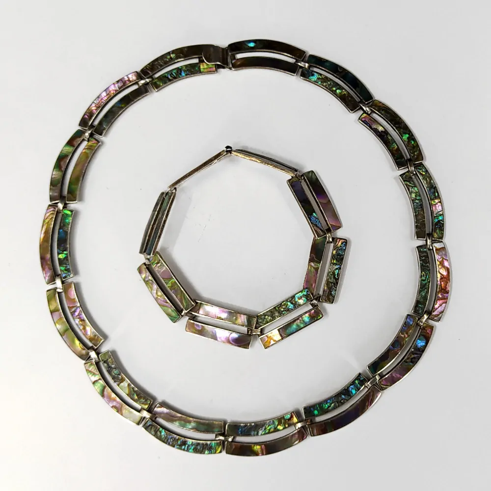 Stříbrný článkový náhrdelník a náramek s perletí – Mexiko