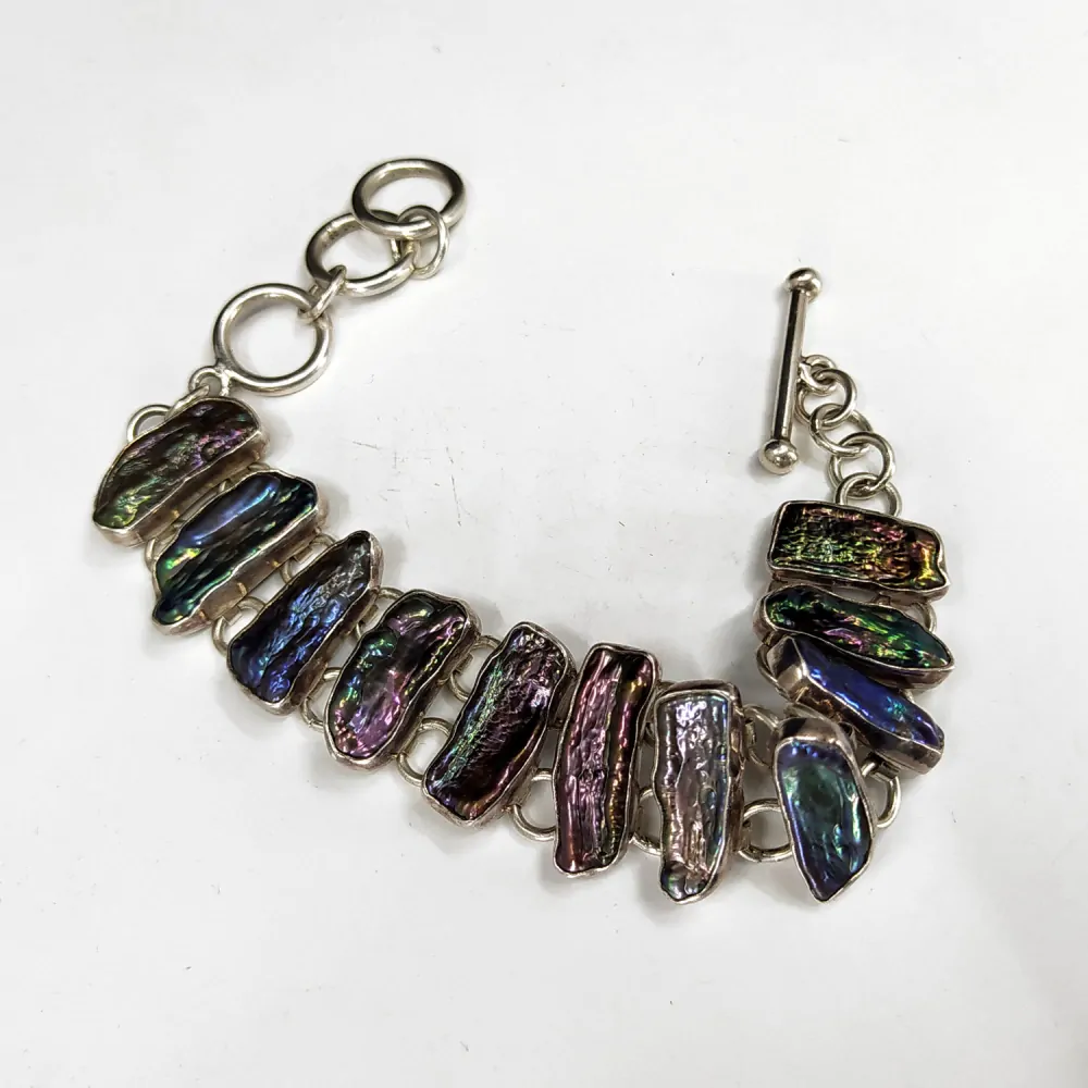 Stříbrný článkový náramek s perletí