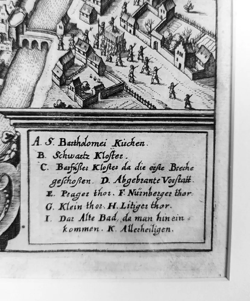Plzeň – celkový pohled na město, M. Merian, původní mědiryt, 1650