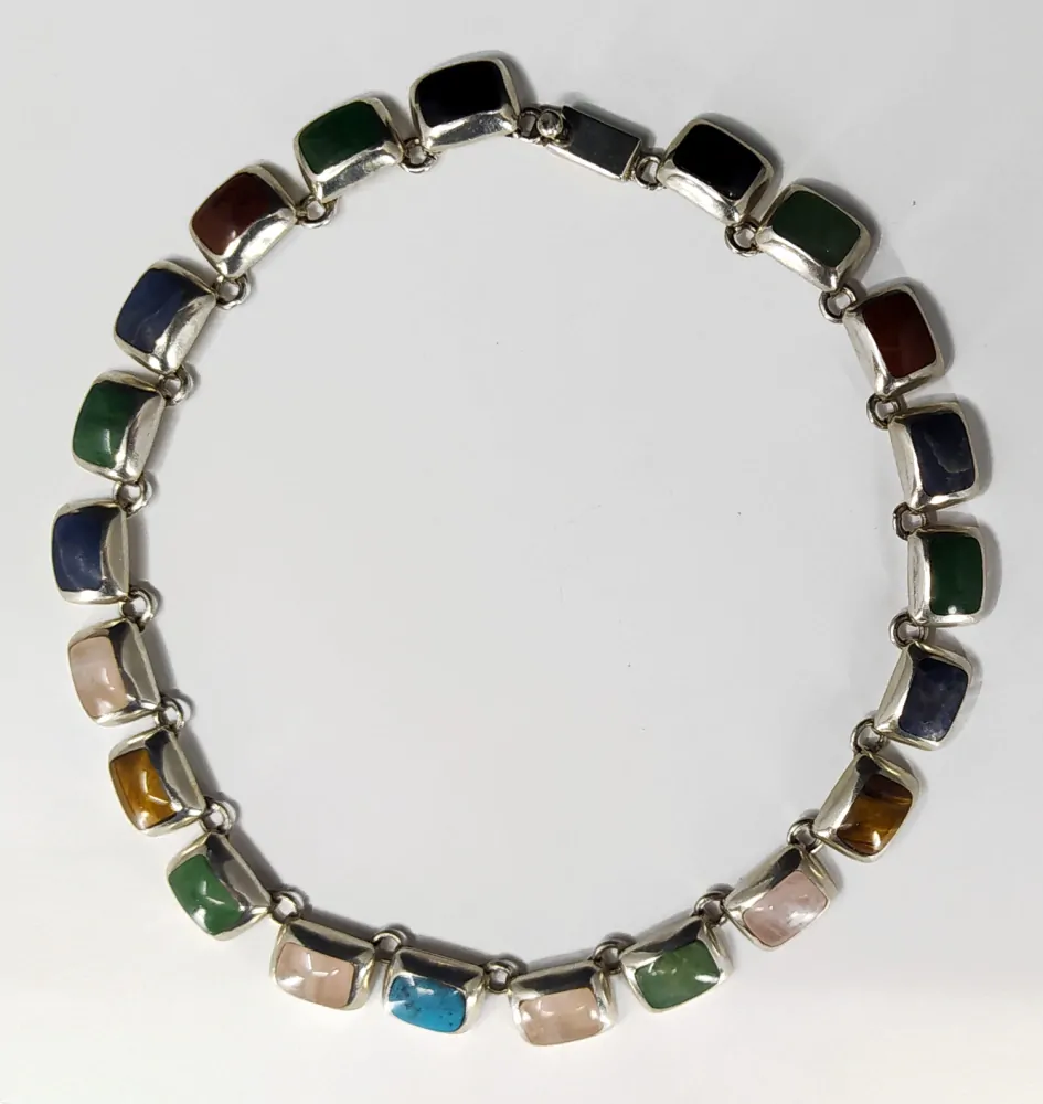 Stříbrný článkový náhrdelník s tygřím okem a drahými kameny – Taxco, Mexico