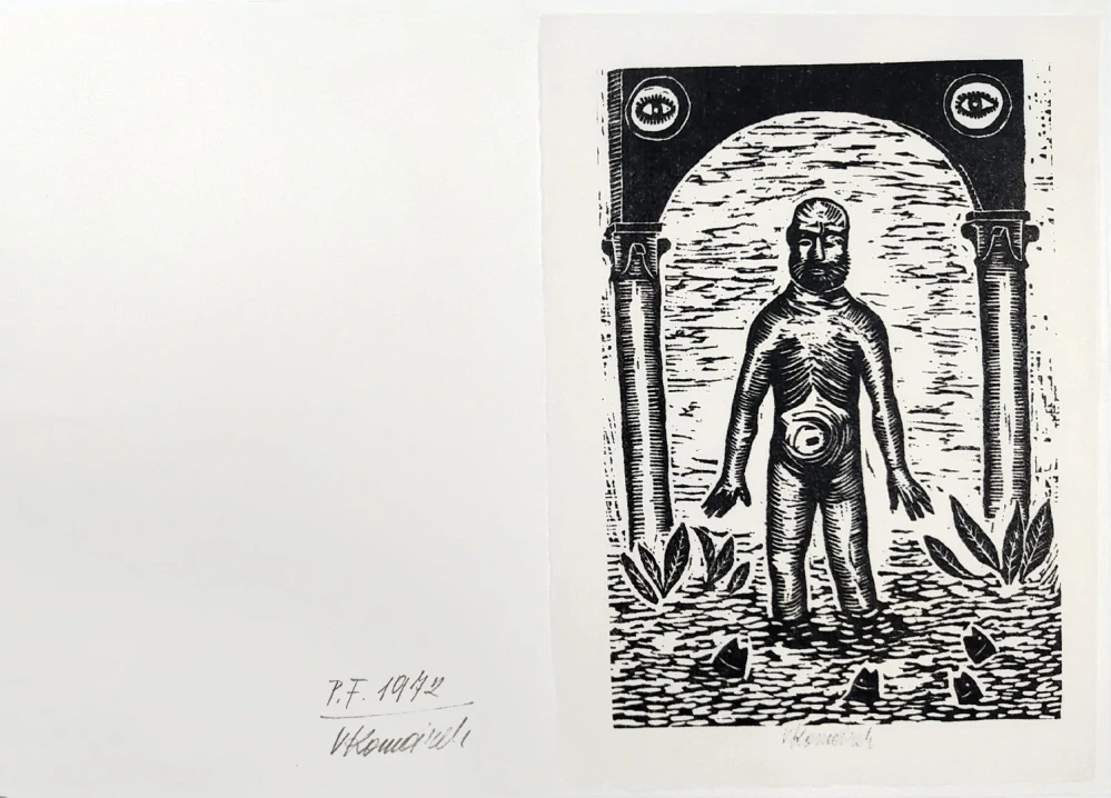 Komárek Vladimír – Svatý František, původní linoryt na japanu, 1972