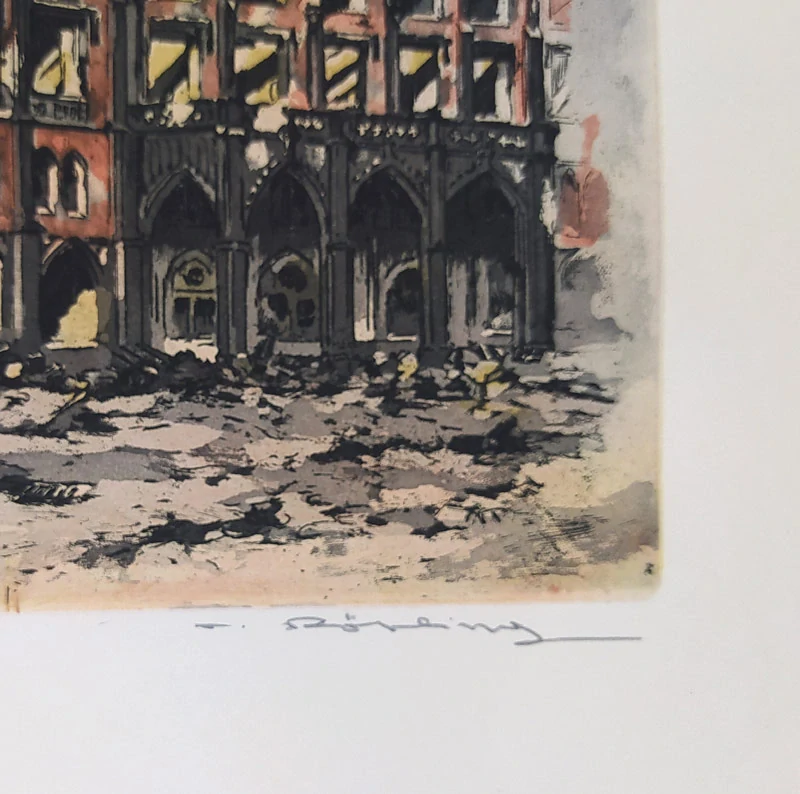 Röhling Vladislav – Praha, Staroměstská radnice, 9. května 1945, barevný lept, nedatováno