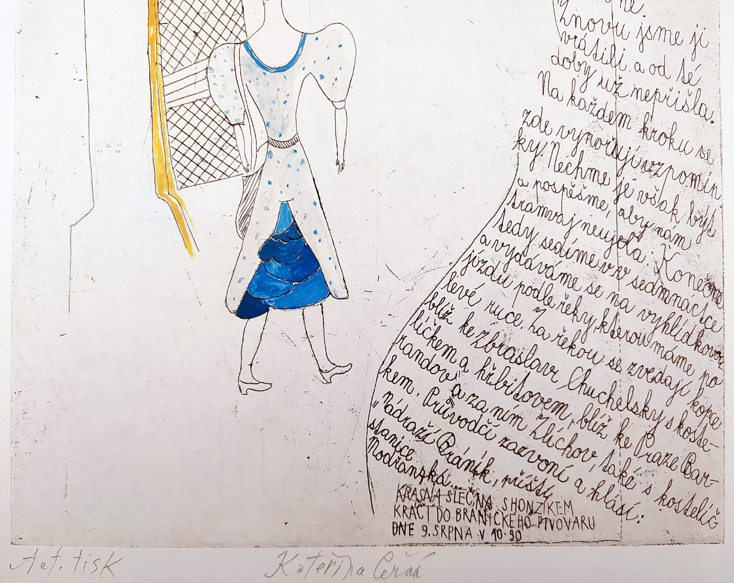 Černá Kateřina – Bránický pivovar, kolorovaný lept, autorský tisk, nedatováno