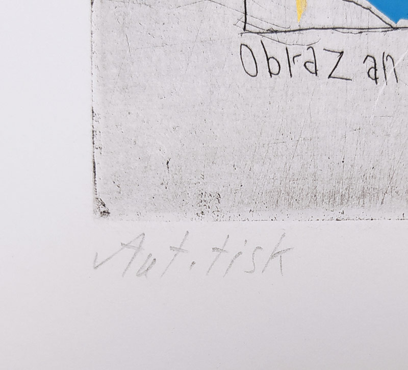 Černá Kateřina – Stěhování obrazů, obr. 5 pro knihu „Dodatky“, autorský tisk, kolorovaný lept, 2001