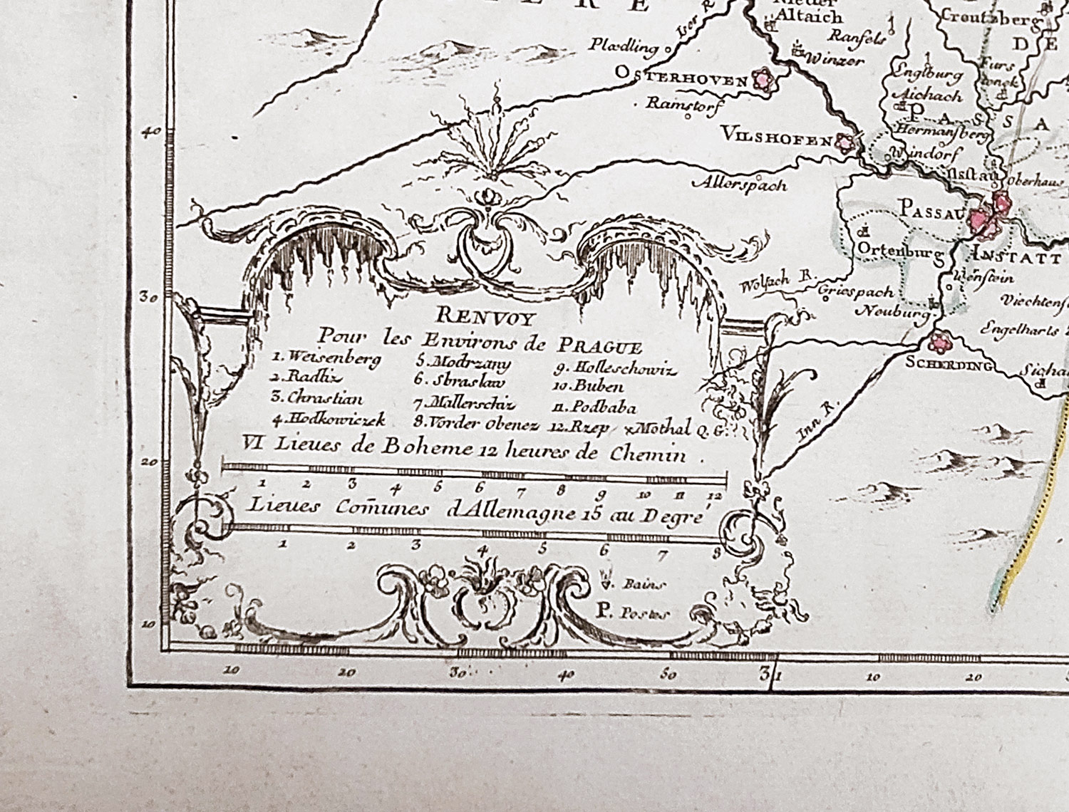  Čechy – Mapa království Českého, Le Rouge, staře kolorovaný původní mědiryt, 1742