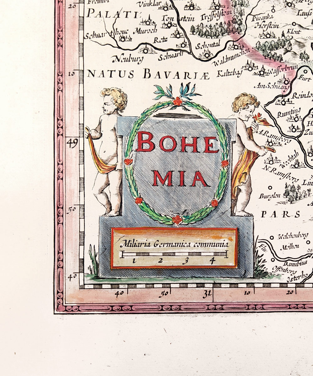 Čechy – Bohemia, W. J. Blaeu, staře kolorovaný původní mědiryt, 1630
