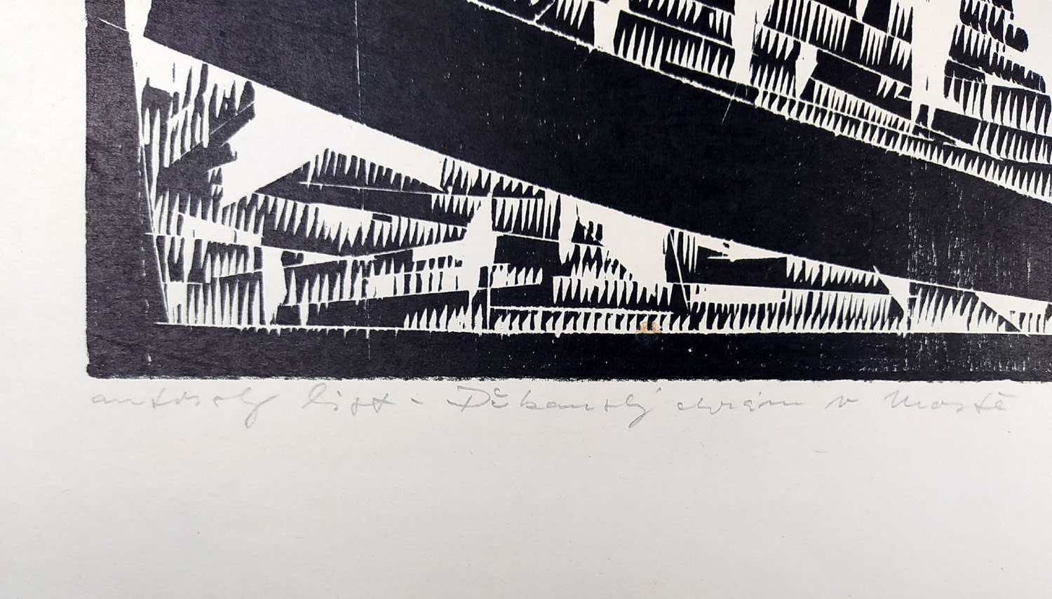 Kopecký Bohdan – Děkanský chrám v Mostě, autorský list, dřevoryt, nedatováno