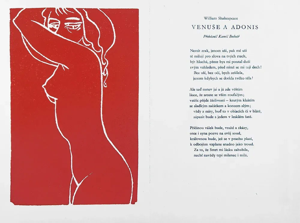 Janeček Ota – Venuše a Adonis, původní linoryt, ca 1980