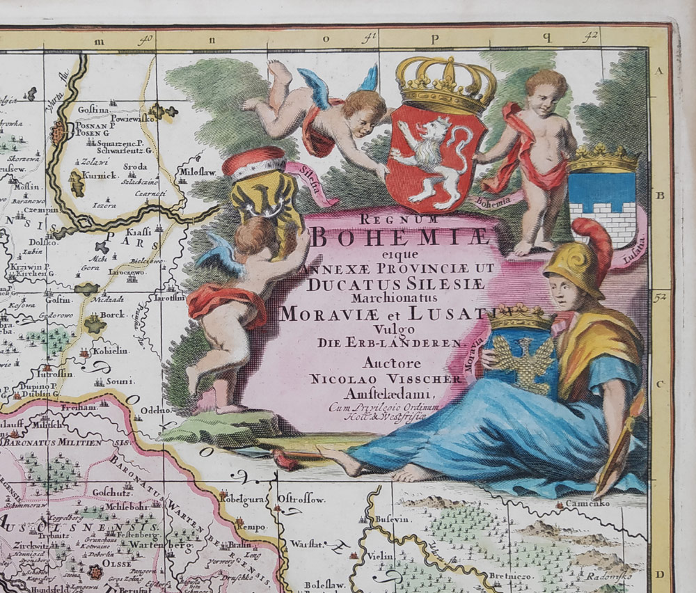  Čechy, Morava, Slezsko a Lužice – Nicolaes Visscher, staře kolorovaný původní mědiryt, 1680