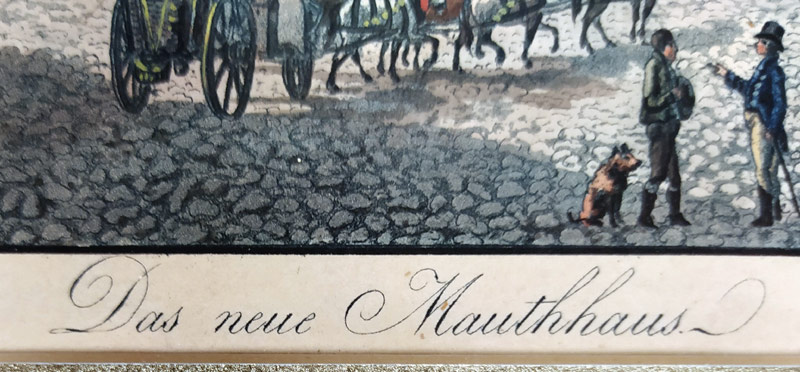 Praha – Dům U Hybernů, L. A. Buquoy, staře kolorovaná akvatinta, 1820