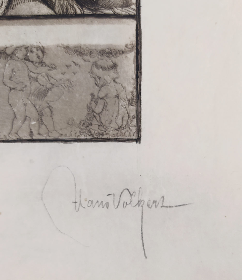 Volkert Hans – Dívenka u zrcadla, původní lept na japanu, ca 1910