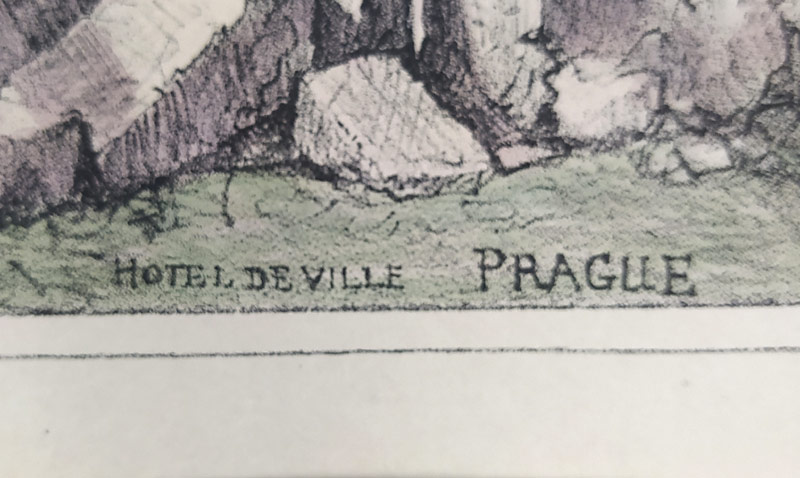 Praha – Staroměstská radnice, Prout Samuel, staře kolorovaná původní litografie, 1833