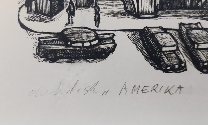 Mézl Zdeněk – Amerika, autorský tisk, původní dřevoryt, 1965