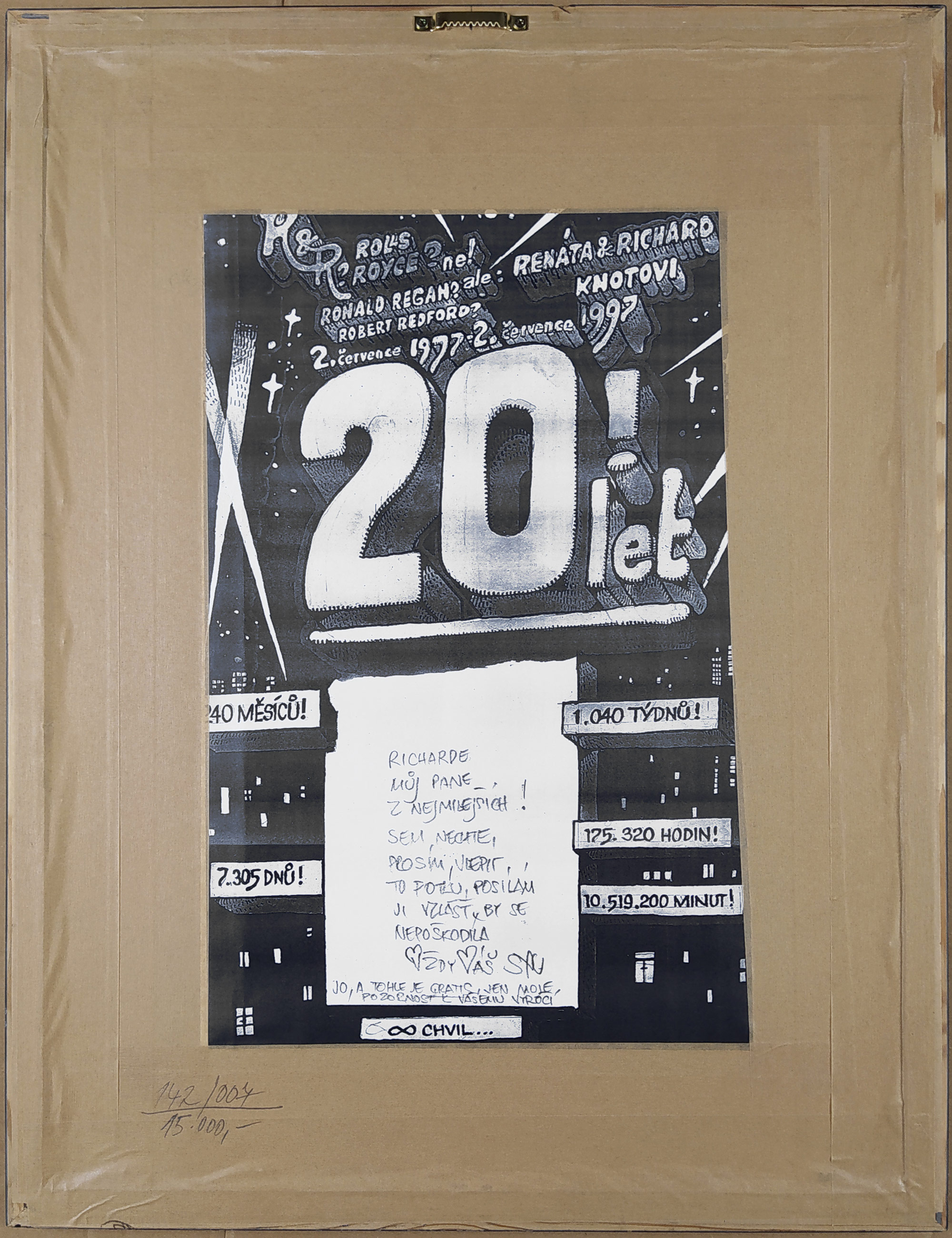 Saudek Kája – Renáta & Richard Knotovi, 20 let, akvarelem kolorovaná kresba tuší s fotografií, 1997