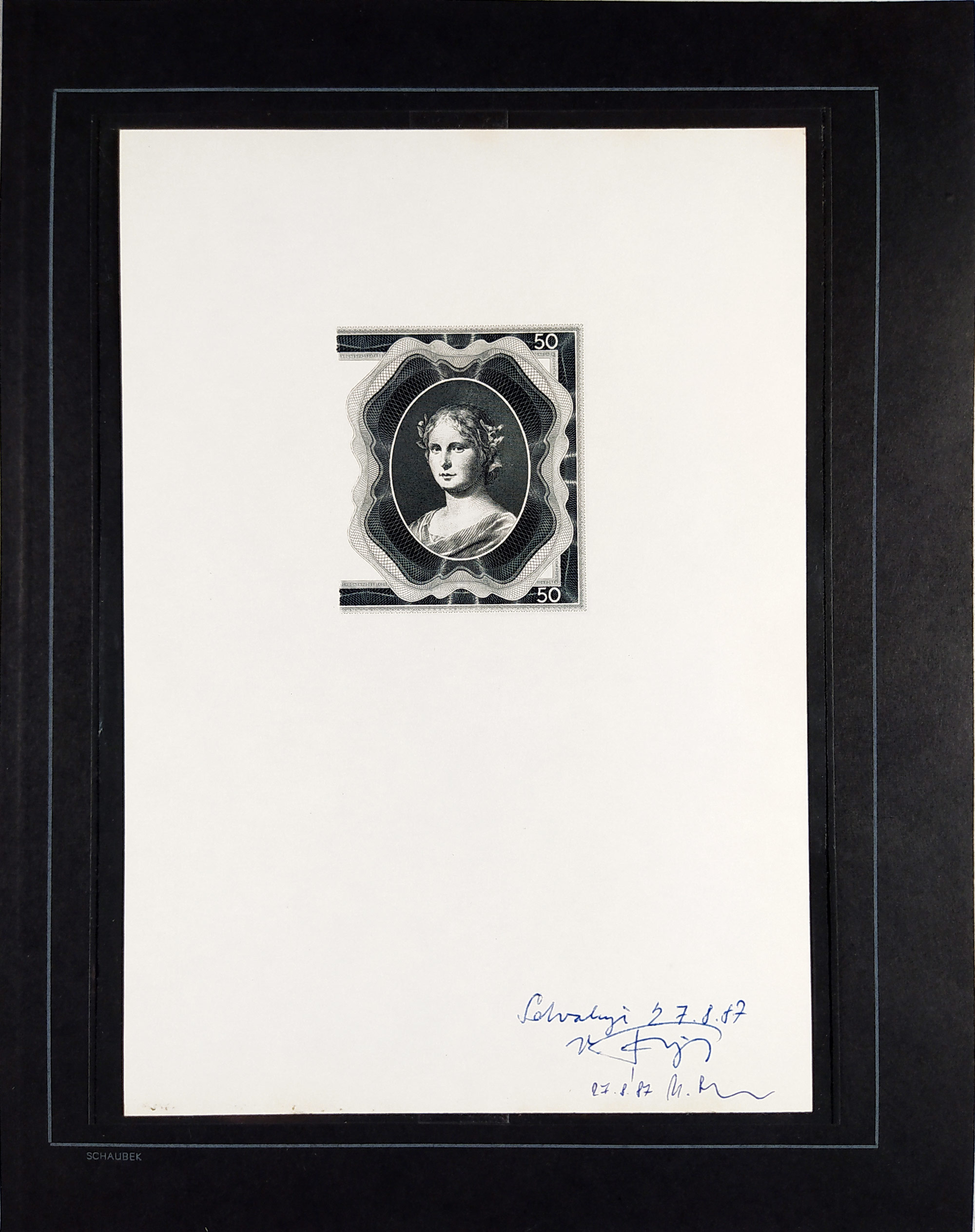 Schmidt Jindřich, Švabinský Max – návrh na bankovku 50 korun, vyd. 12. 9. 1940, oceloryt, 1940