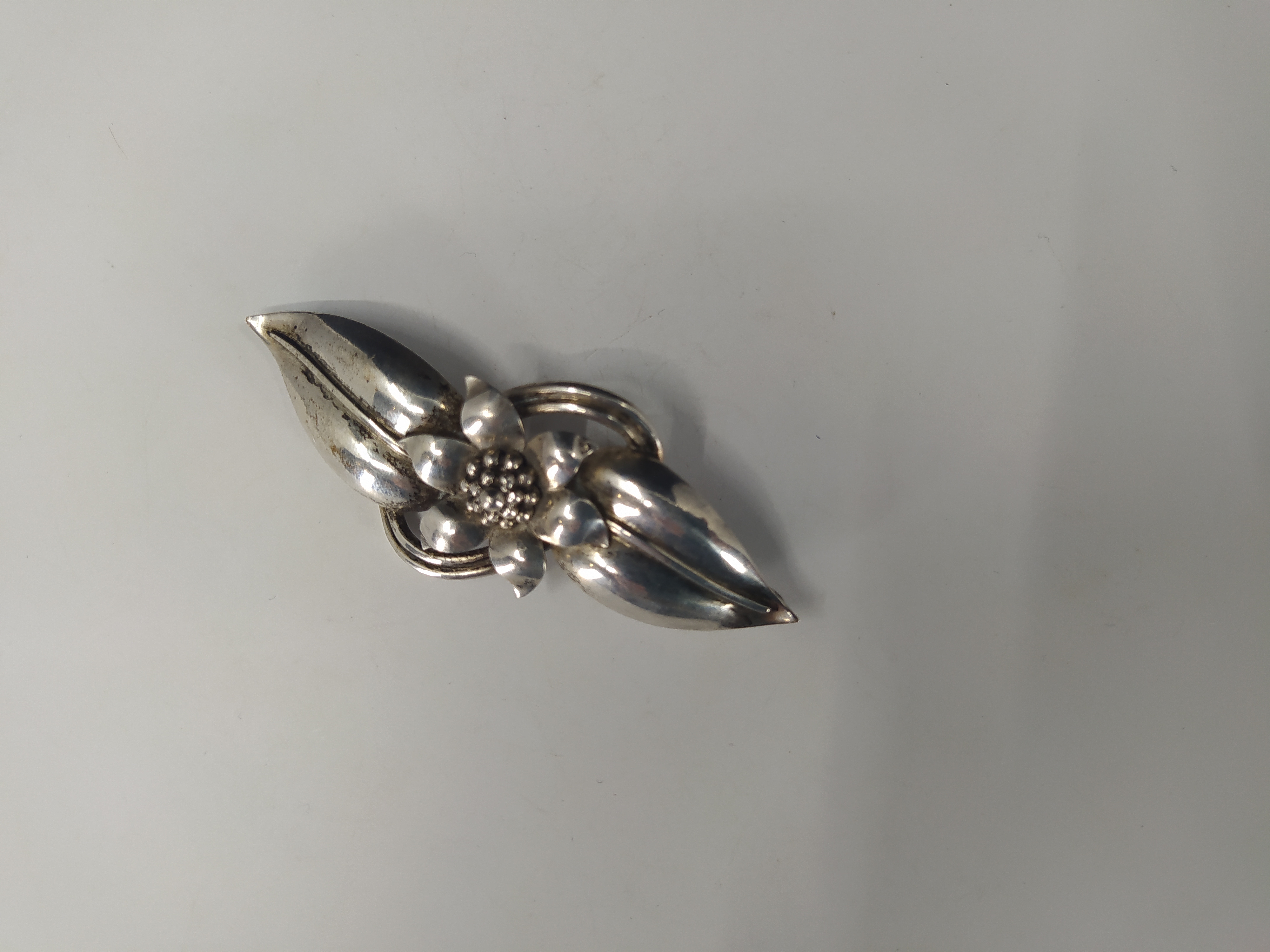 Stříbrná brož s florálním motivem, květ s listy, Evropa