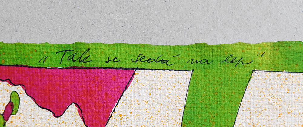 Lamr Aleš – Tak se sedá na lep, akvarelem kolorovaná kresba tuší, 1983