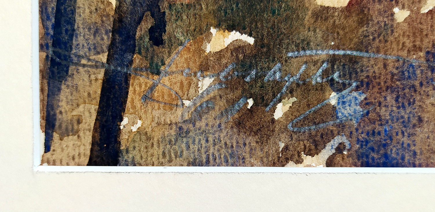 Dubský Vladimír – Zámek Český Krumlov, v popředí kostel sv. Jošta, malba akvarelem, 1961