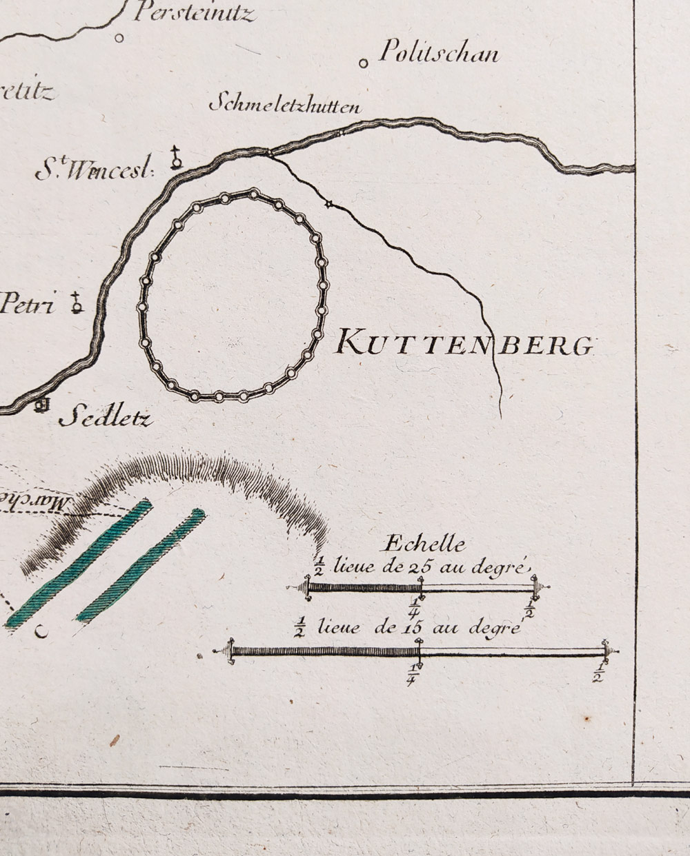 Čáslav – plán obléhání Čáslavi 17. května 1742, G. L. Le Rouge, staře kolorovaný původní mědiryt, ca 1748