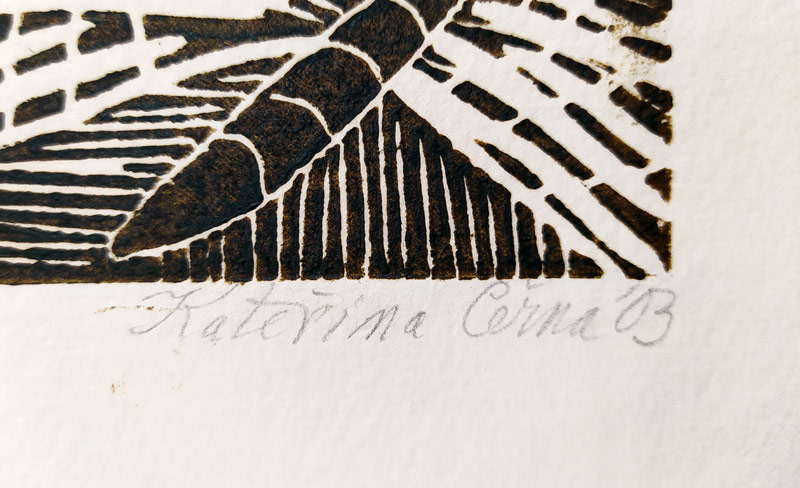 Černá Kateřina – z knihy: O červené Karkulce trochu jinak, dvoubarevný linoryt, AT, 2003