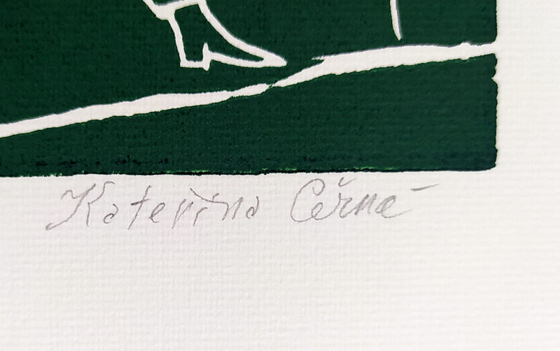 Černá Kateřina – K. H. Mácha, z knihy: Co objevila sestra pana lékárníka str. 3, dvoubarevný linoryt, AT, 1996