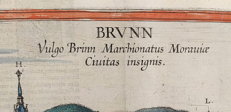 Brno – Georg Braun, Franz Hogenberg, staře kolorovaný původní mědiryt, 1617