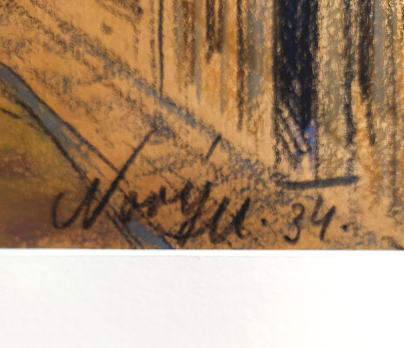 Nový Miroslav – Praha, Pražský hrad z Valdštejnské ulice, suchý pastel na kartonu, 1934