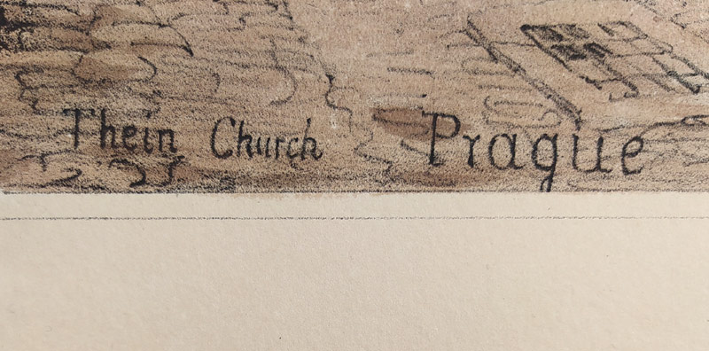 Praha, Týnský chrám – Samuel Prout, staře kolorovaná původní litografie, 1833