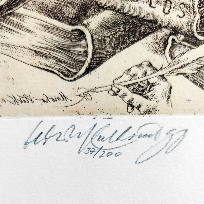 Kulhánek Oldřich – Ex libris (Josef Runštuk a Karel Žižkovský), původní lept, č. 37/200, 1990