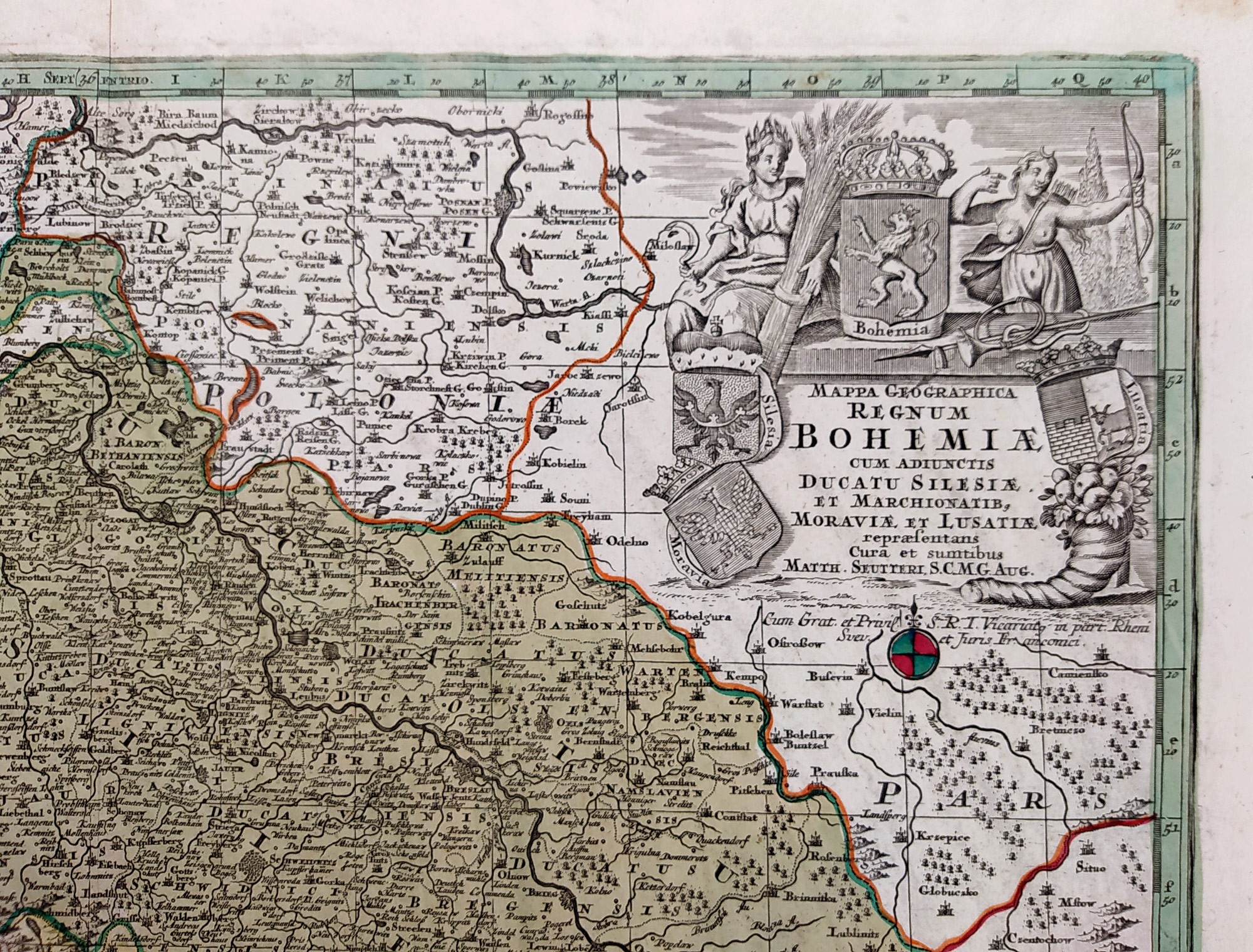 Čechy, Morava, Slezsko a Lužice – Matthäus Seutter, staře kolorovaný původní mědiryt, ca 1740