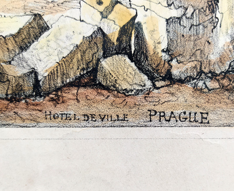 Praha – Staroměstská radnice, Prout Samuel, staře kolorovaná původní litografie, 1833