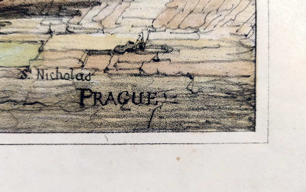 Praha – Kostel svatého Mikuláše na Malé Straně, Samuel Prout, staře kolorovaná původní litografie, 1833