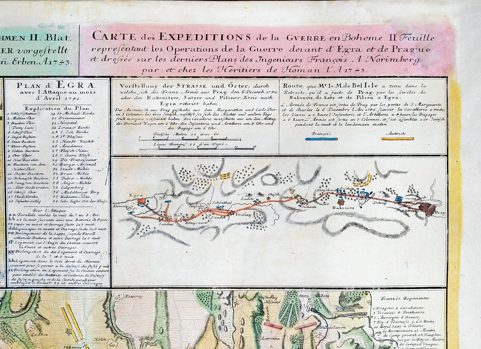 Praha, Cheb – Mapa tažení francouzských vojsk z Prahy do Chebu, Homannovi dědicové, mědiryt, 1743