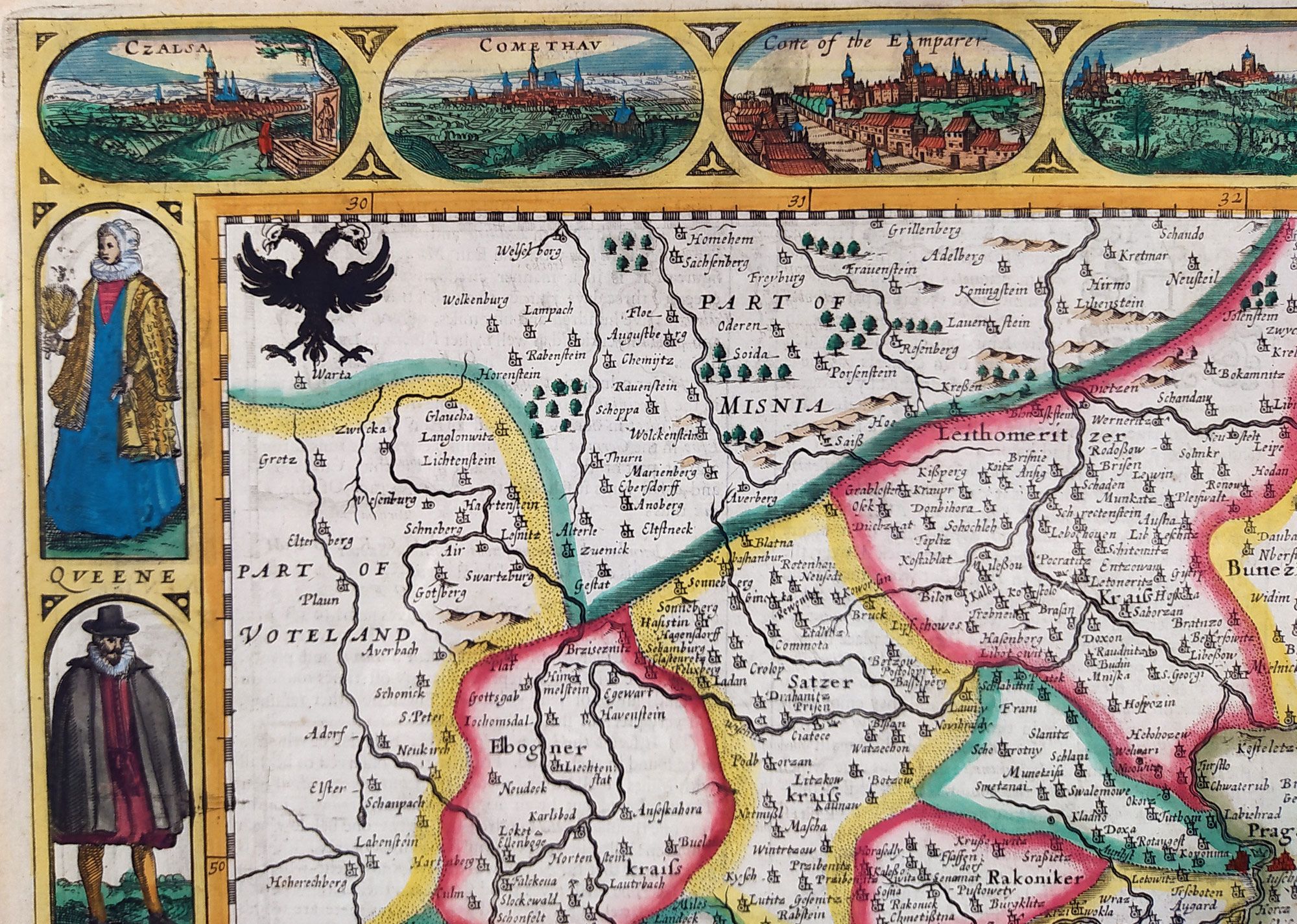 Čechy – Bohemia Newly described, John Speed, původní staře kolorovaný mědiryt, 1626