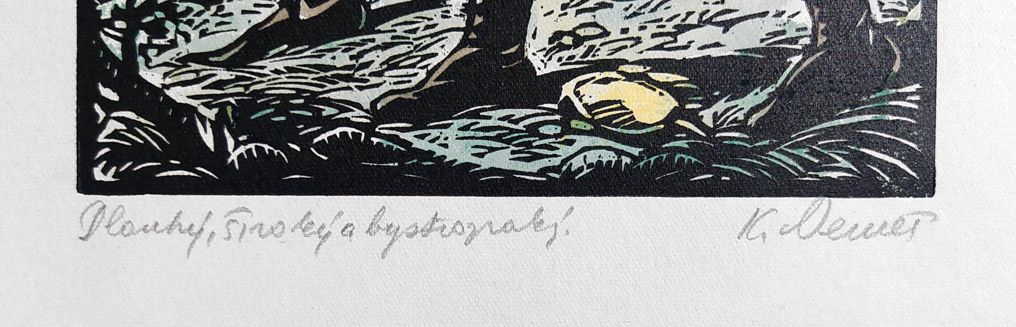 Němec Karel – Dlouhý, Široký a Bystrozraký, akvarelem kolorovaný dřevoryt, ca 1920