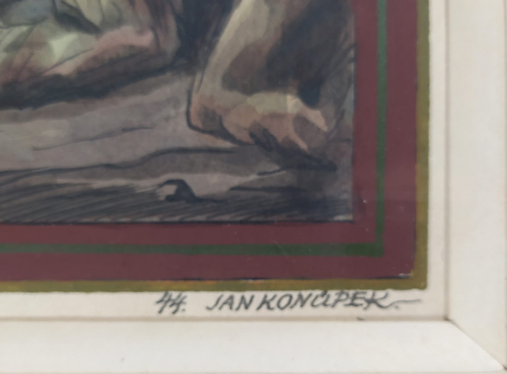 Konůpek Jan – Poslední večeře, ukřižování a zmrtvýchvstání, akvarelem kolorovaná kresba tuší, 1944