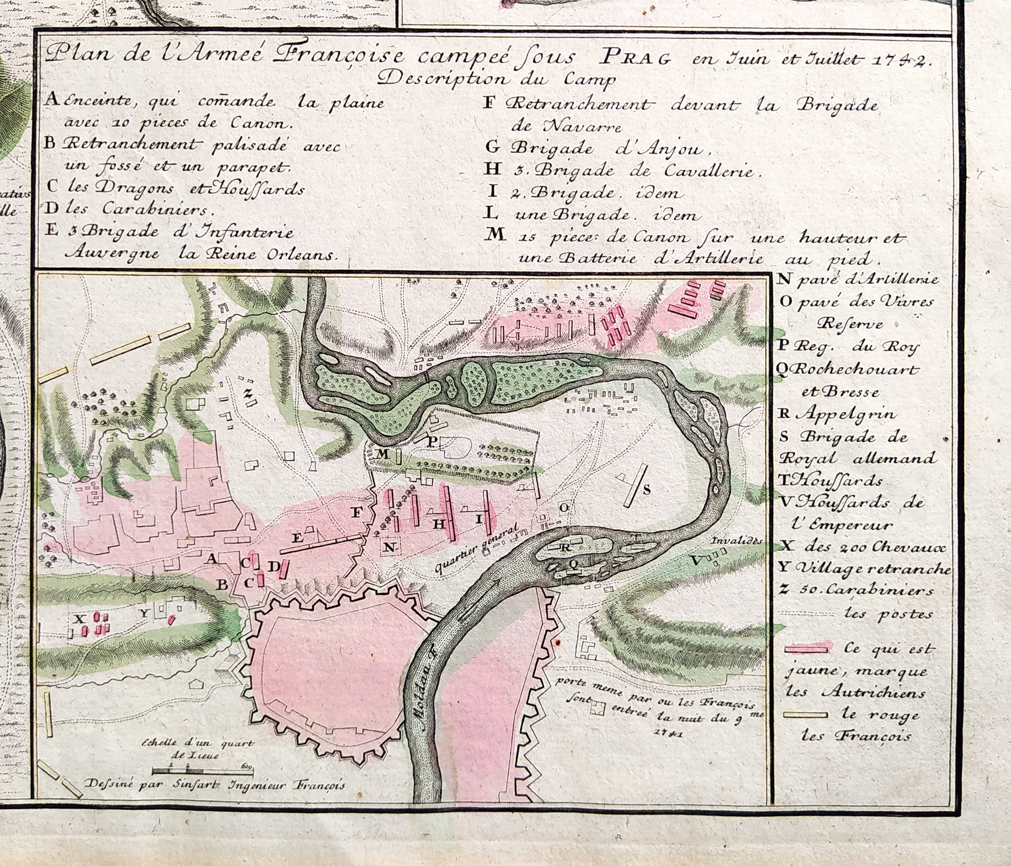Praha – plán opevnění města, Homannovi dědicové, staře kolorovaný původní mědiryt, 1743