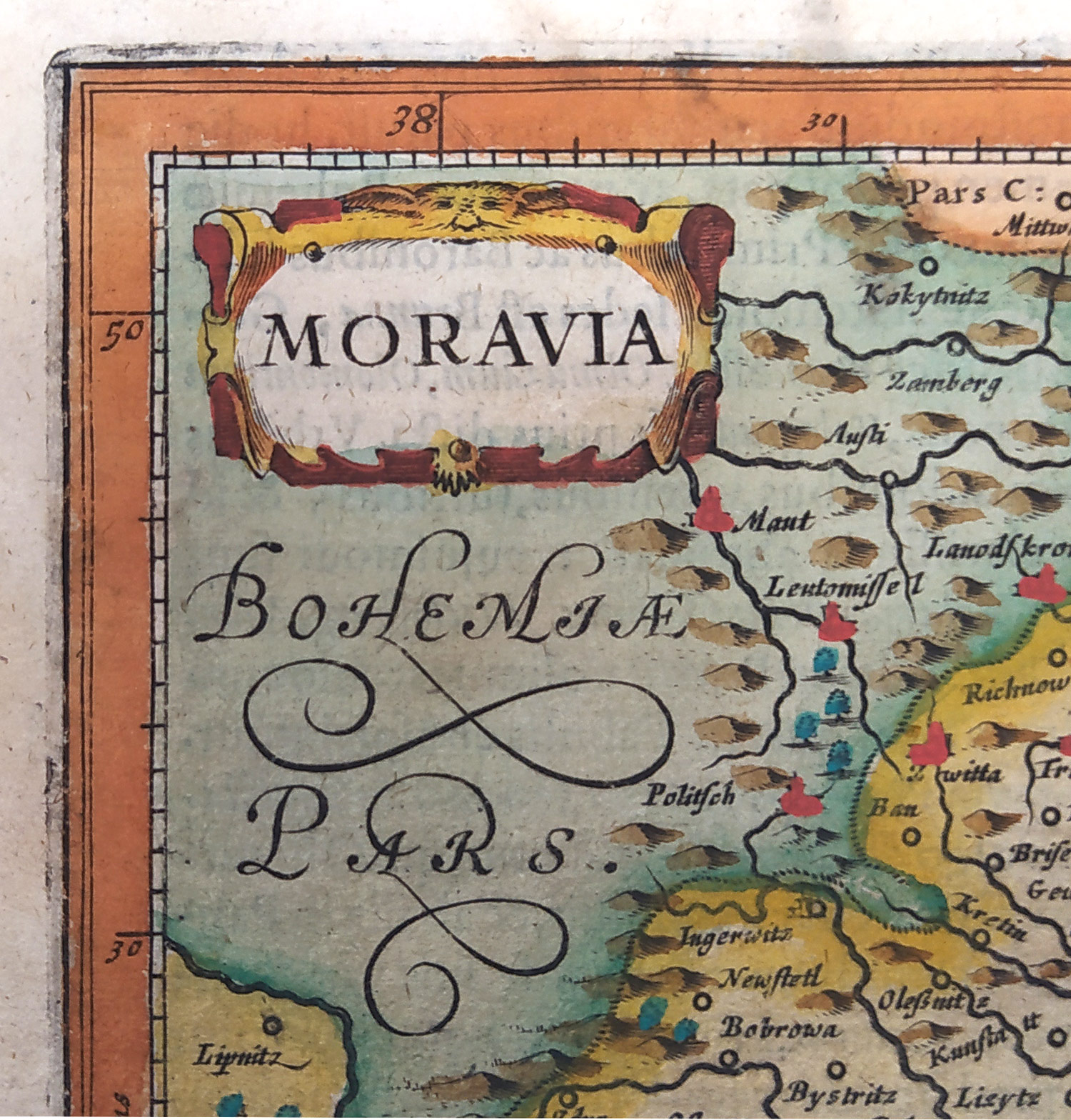 Morava – Moravia, Gerard Mercator, Atlas Minor, Johannes Janssonius, staře kolorovaný původní mědiryt, 1628