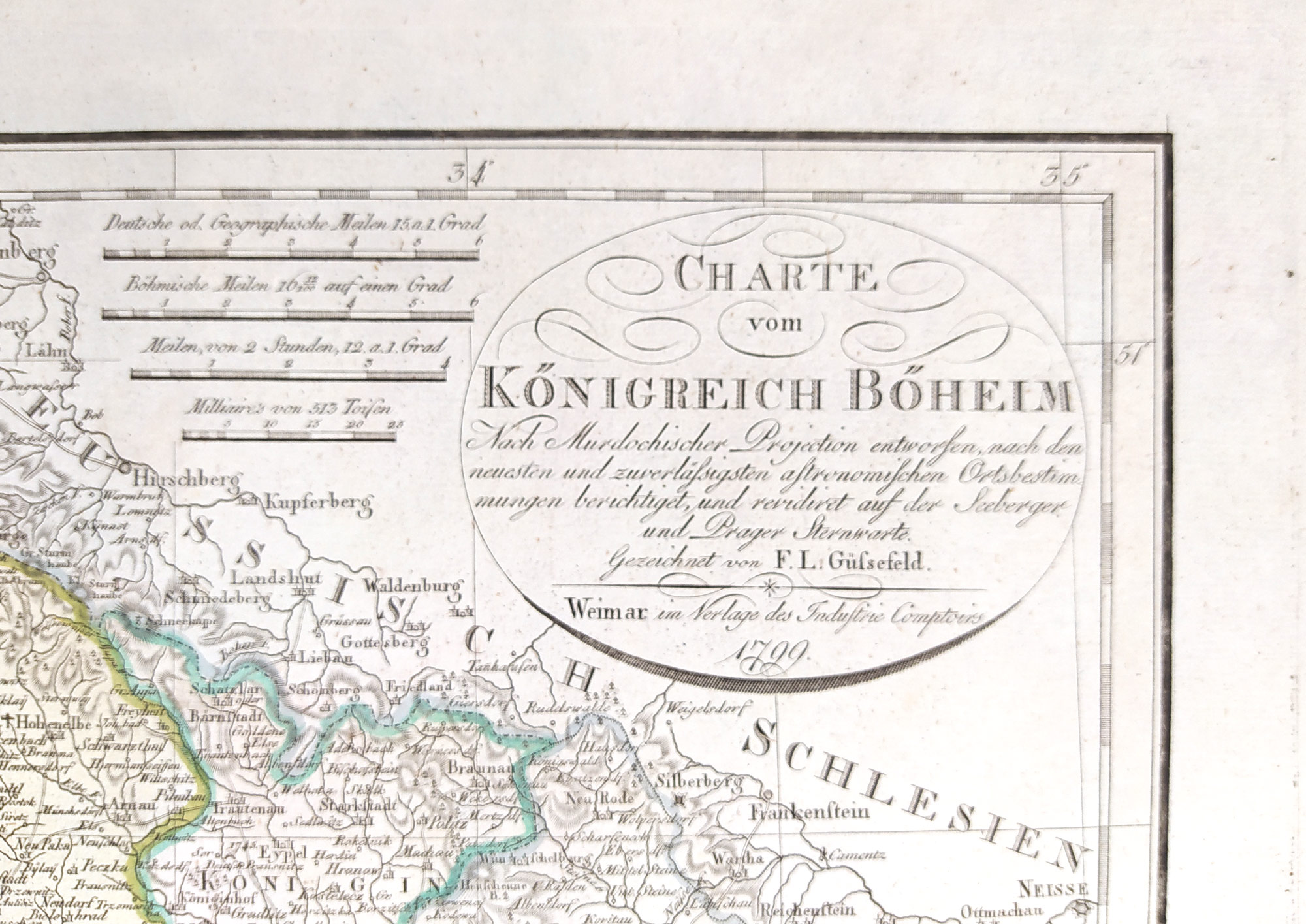 Čechy – Charte von Königreich Böheim, F. L. Güssefeld, staře kolorovaný původní mědiryt, 1799