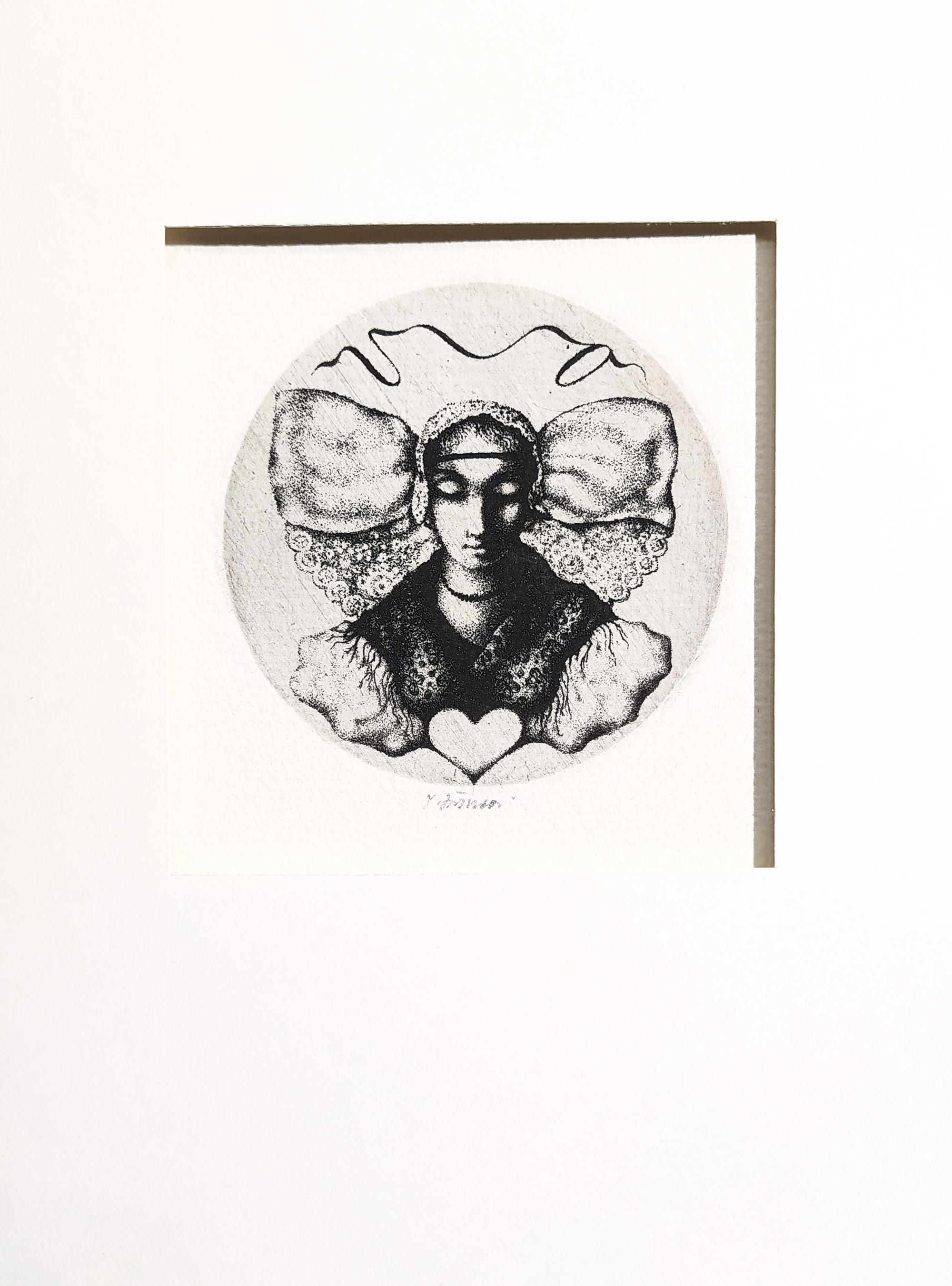 Jiřincová Ludmila – Dívka v plzeňském kroji, Ex libris V. O. (Vlasta Opatrná), původní zrnkový lept, 1975