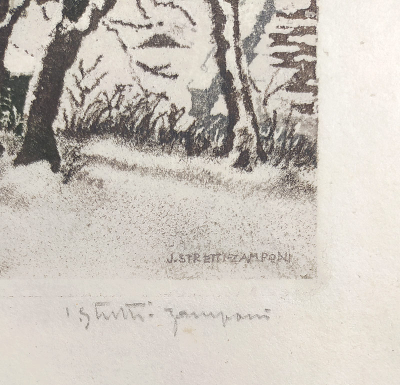 Stretti-Zamponi Jaromír – Zámek Molitorov v zimě, barevná akvatinta, autorský tisk, 1910–1920