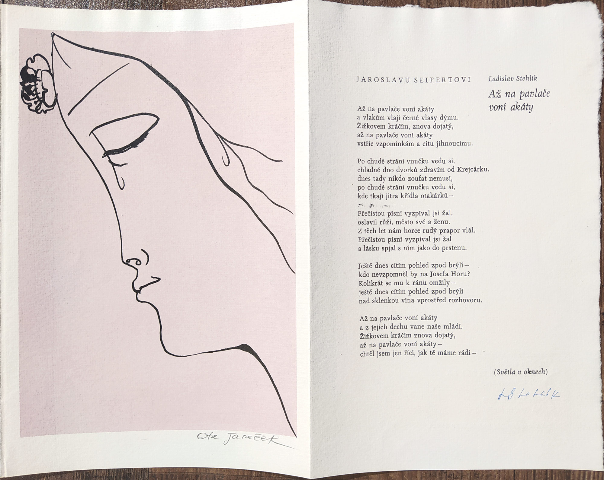 Janeček Ota – Vzpomínka na Jaroslava Seiferta, signovaný původní linoryt, 1986