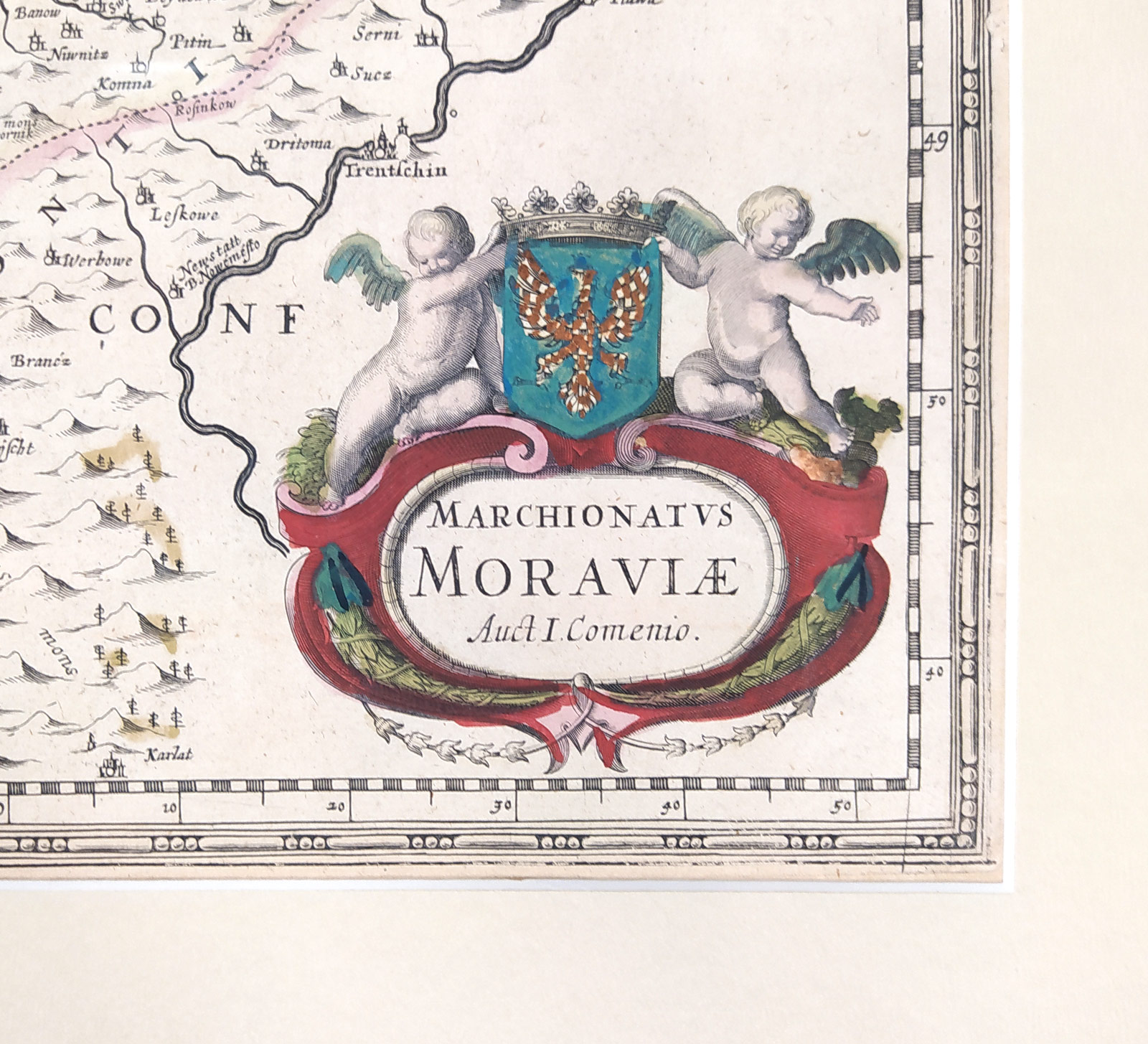 Morava – Komenského mapa Moravy, Henricus Hondius, staře kolorovaný původní mědiryt, 1. vydání, 1633