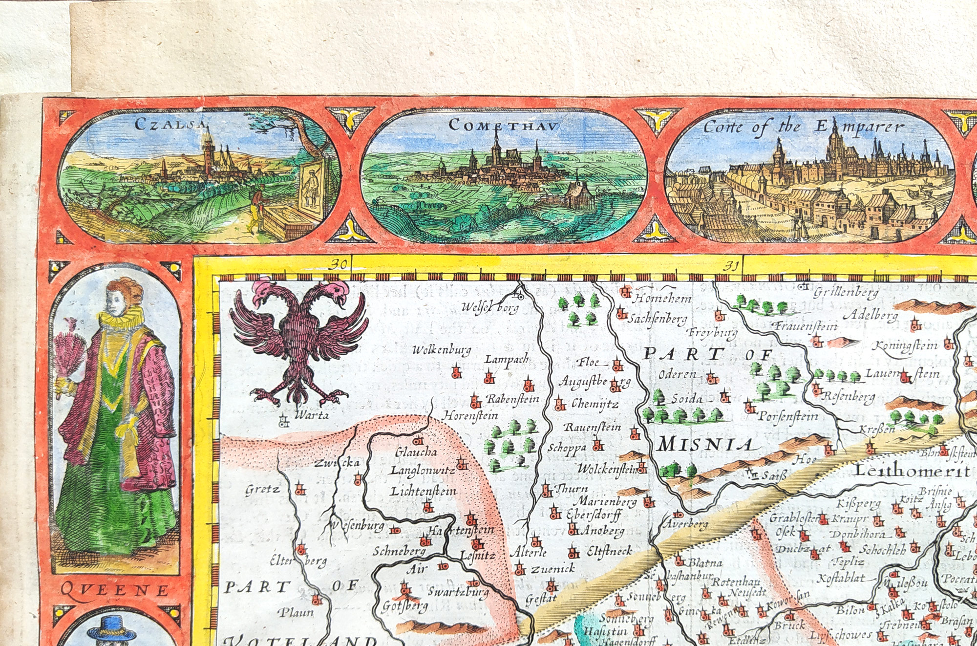 Čechy – John Speed, stará mapa Čech na prodej, původní staře kolorovaný mědiryt, 1626