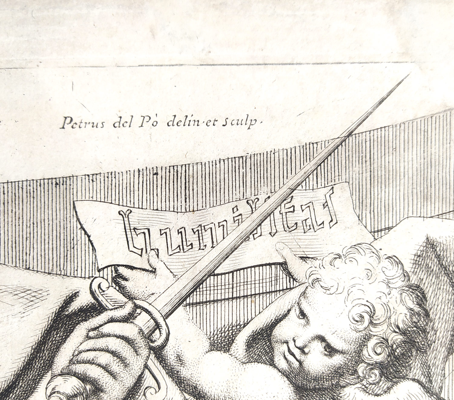 Pò Pietro del – Alegorie statečnosti, Fortitudo superbos premit humiles elevat, původní lept a mědiryt, ca 1650