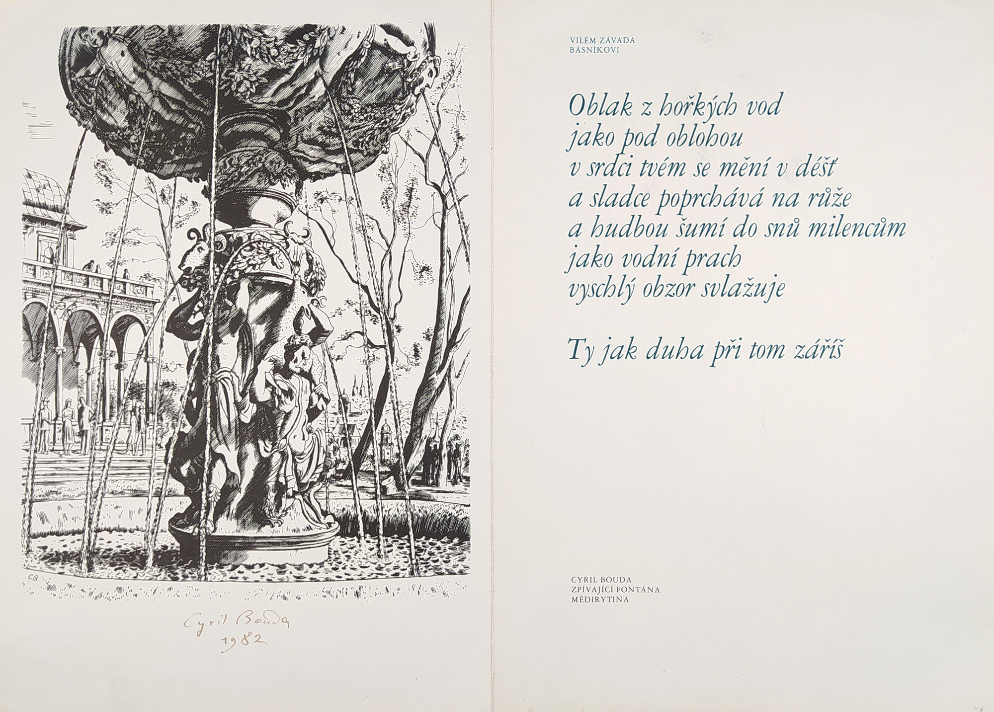 Bouda Cyril – Zpívající fontána, původní mědiryt, 1982