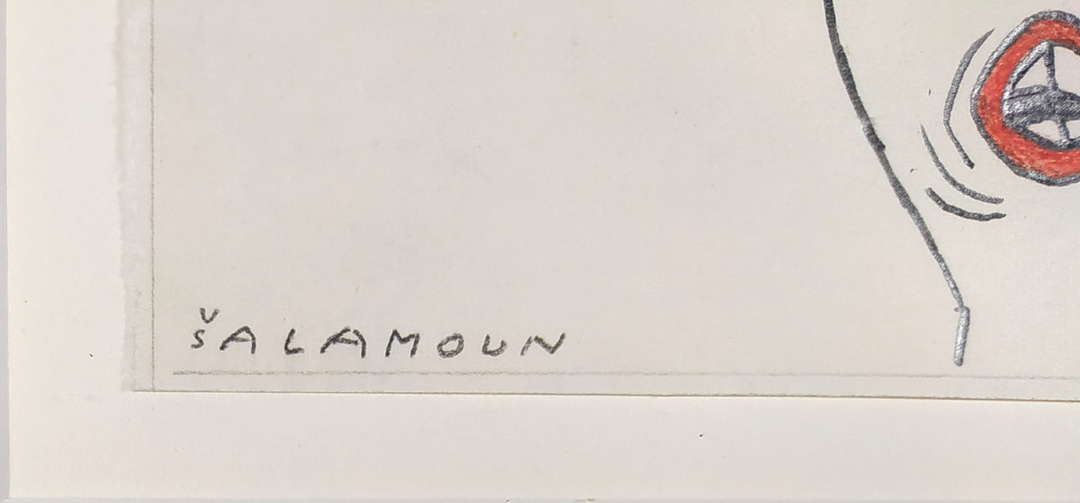 Šalamoun Jiří – Pokus o vraždu, akvarelem kolorovaná kresba tuší, 1981
