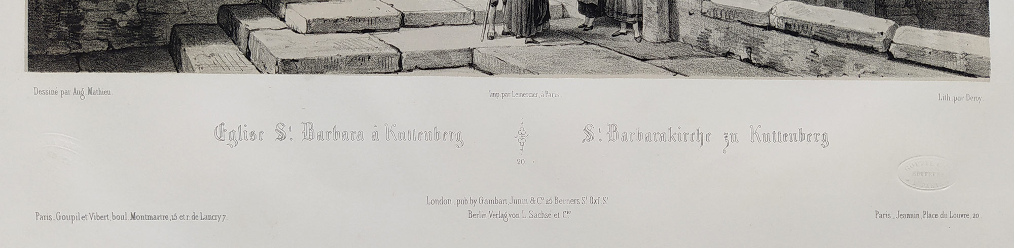 Kutná Hora – Chrám svaté Barbory, I. L. Deroy, původní litografie s podtiskem, velkoformátová veduta, 1850